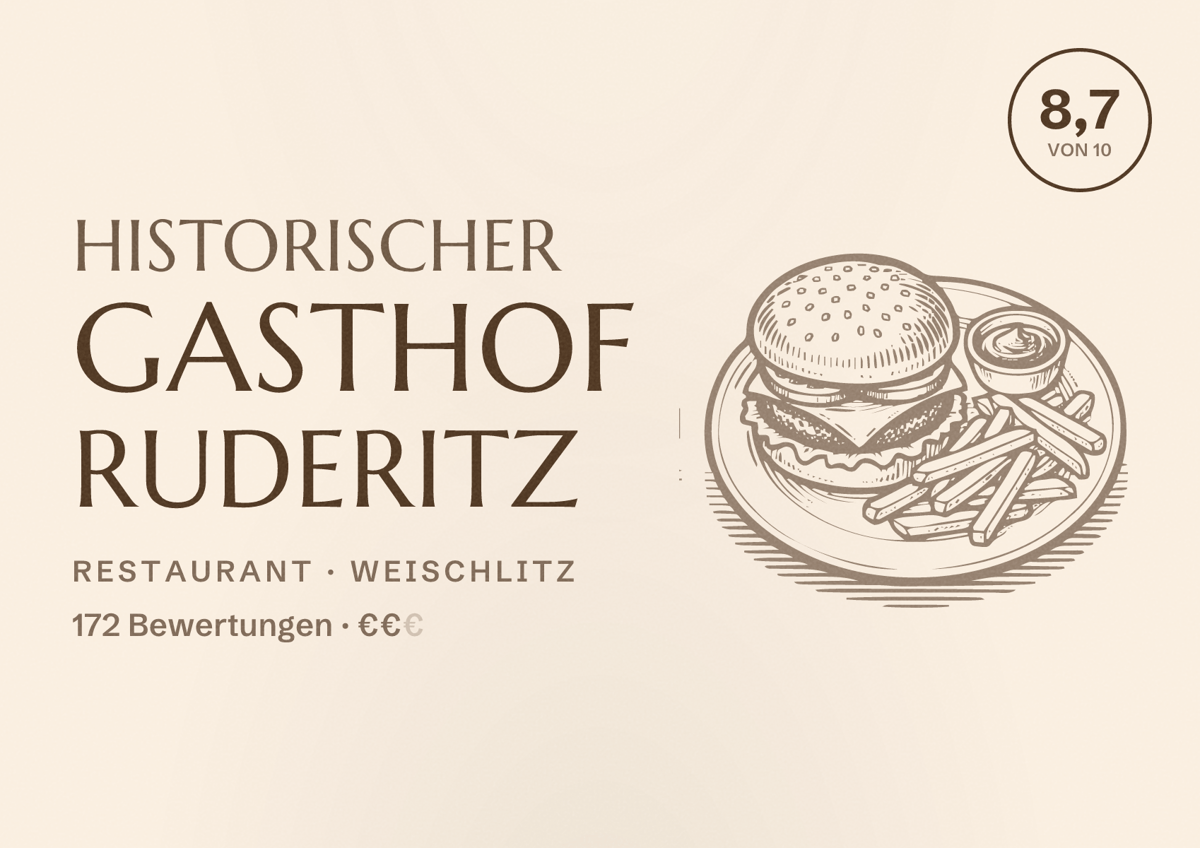Illustriertes Poster von Historischer Gasthof Ruderitz, Restaurant in Weischlitz: Bewertung 8,7 von 10 aus 172 Bewertungen, Preisniveau €€