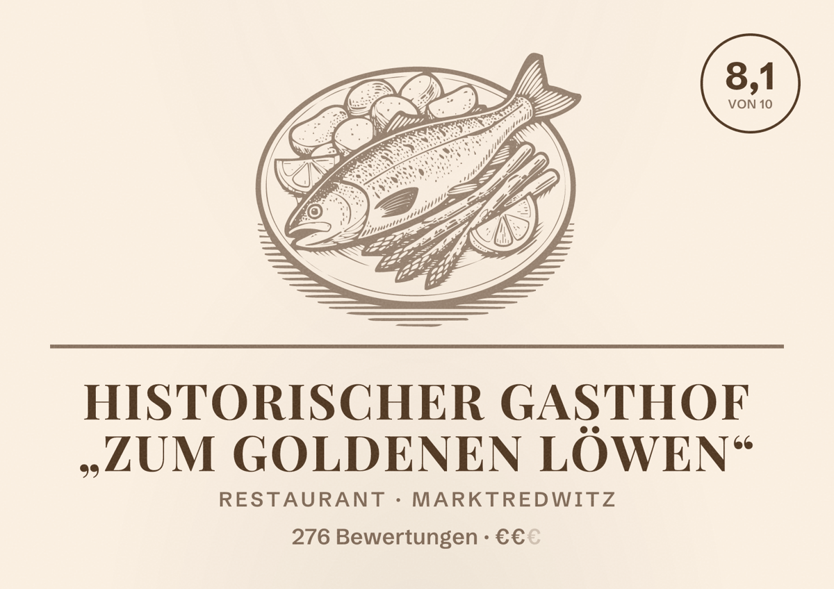 Illustriertes Poster von Historischer Gasthof „Zum goldenen Löwen“, Restaurant in Marktredwitz: Bewertung 8,1 von 10 aus 276 Bewertungen, Preisniveau €€