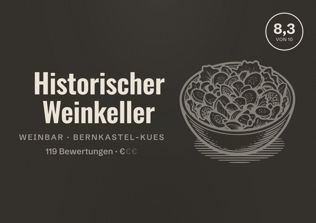 Illustriertes Poster von Historischer Weinkeller, Weinbar in Bernkastel-Kues: Bewertung 8,3 von 10 aus 119 Bewertungen, Preisniveau €