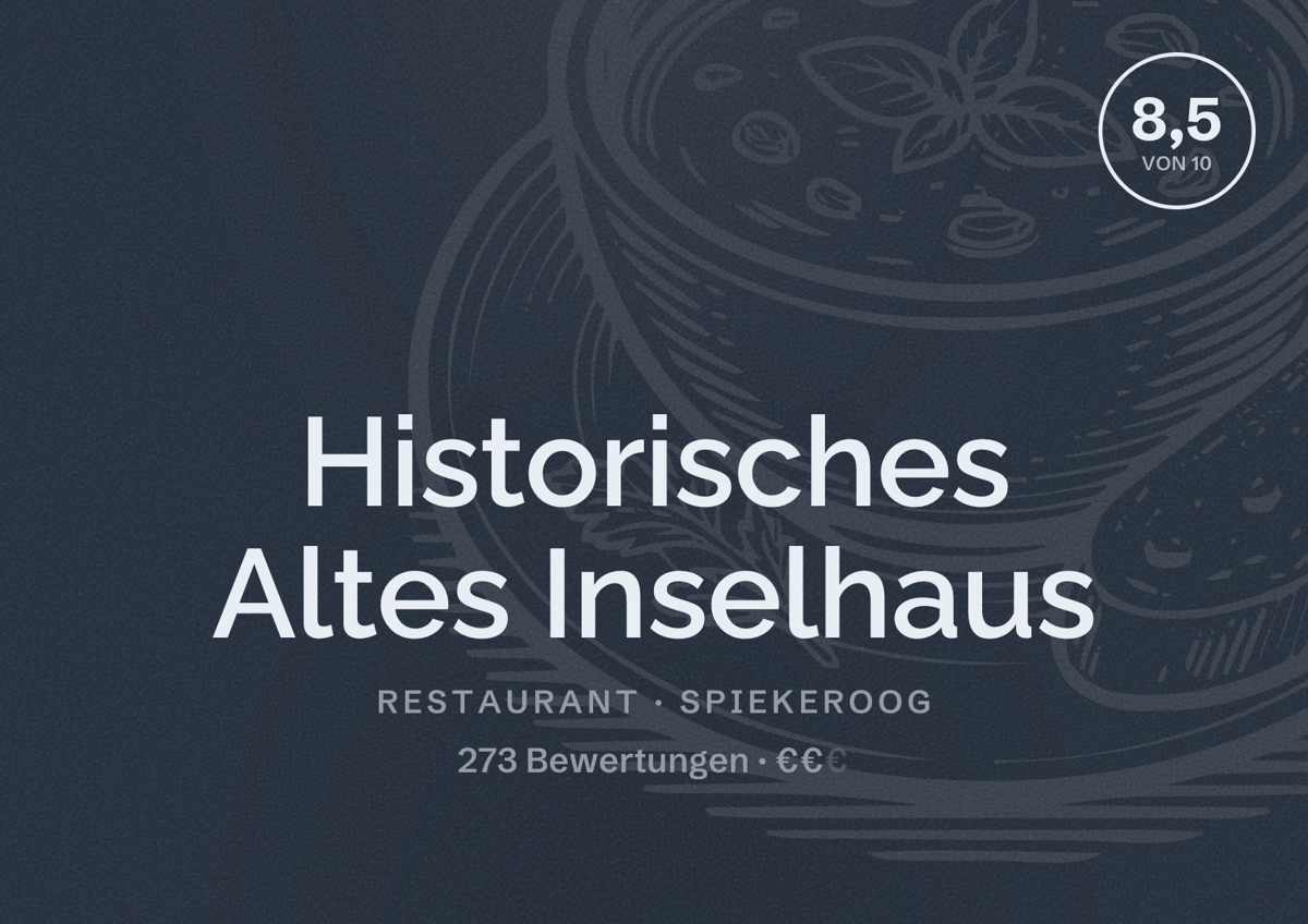 Illustriertes Poster von Historisches Altes Inselhaus, Restaurant in Spiekeroog: Bewertung 8,5 von 10 aus 273 Bewertungen, Preisniveau €€