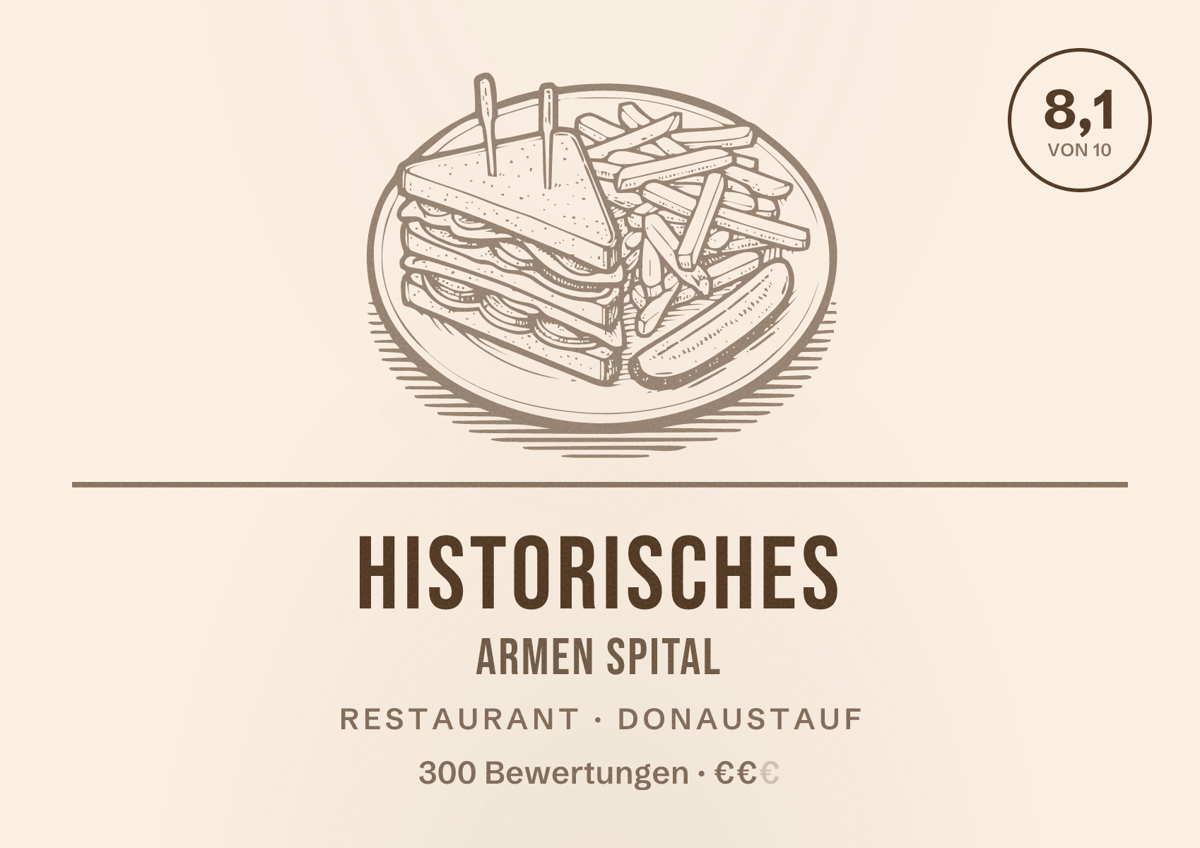 Illustriertes Poster von Historisches Armen Spital, Restaurant in Donaustauf: Bewertung 8,1 von 10 aus 300 Bewertungen, Preisniveau €€