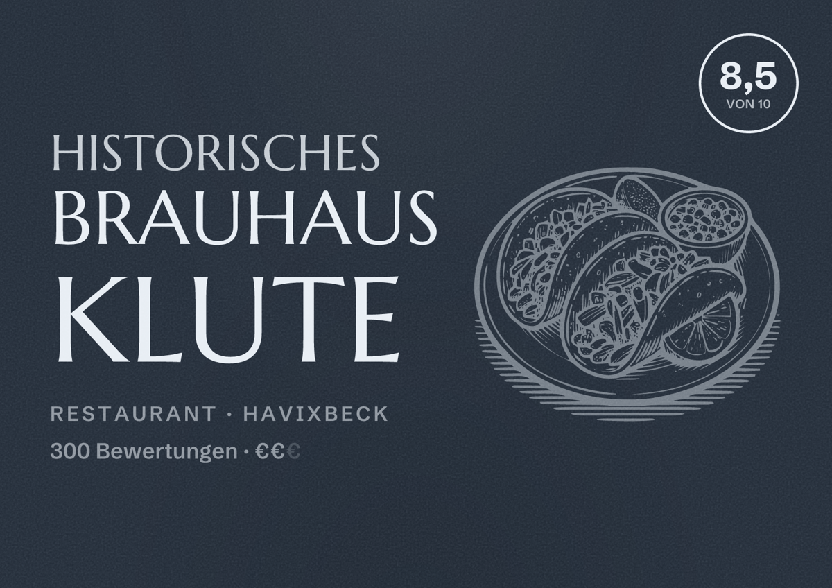 Illustriertes Poster von Historisches Brauhaus Klute, Restaurant in Havixbeck: Bewertung 8,5 von 10 aus 300 Bewertungen, Preisniveau €€