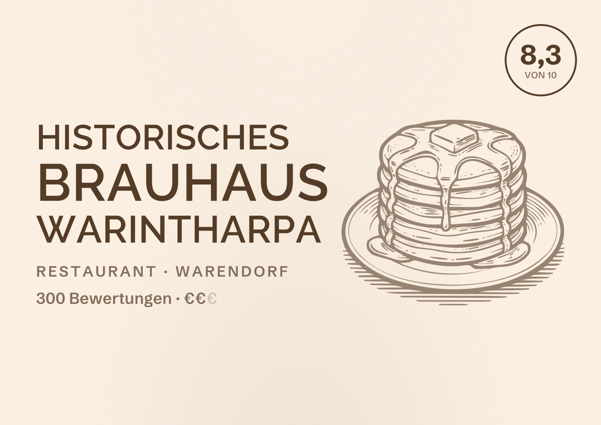 Illustriertes Poster von Historisches Brauhaus Warintharpa, Restaurant in Warendorf: Bewertung 8,3 von 10 aus 300 Bewertungen, Preisniveau €€