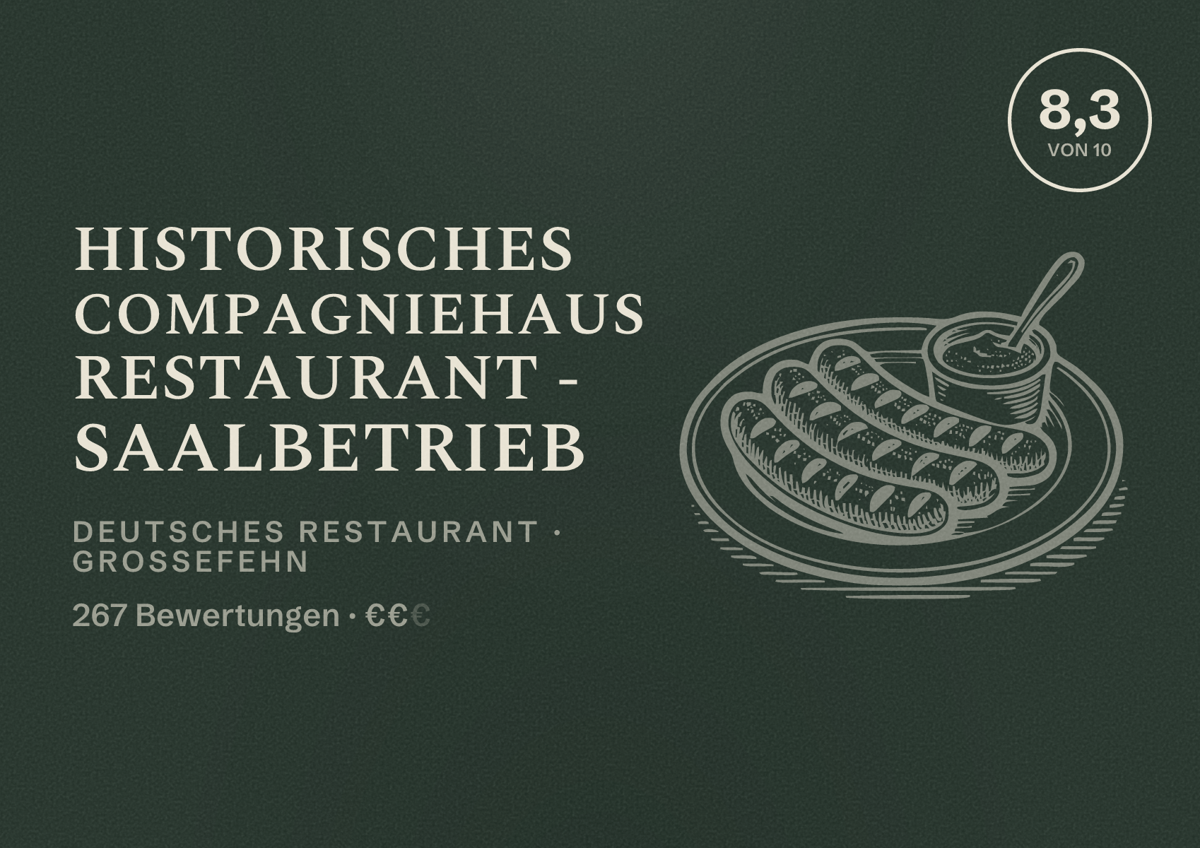 Illustriertes Poster von Historisches Compagniehaus Restaurant - Saalbetrieb, Deutsches Restaurant in Großefehn: Bewertung 8,3 von 10 aus 267 Bewertungen, Preisniveau €€