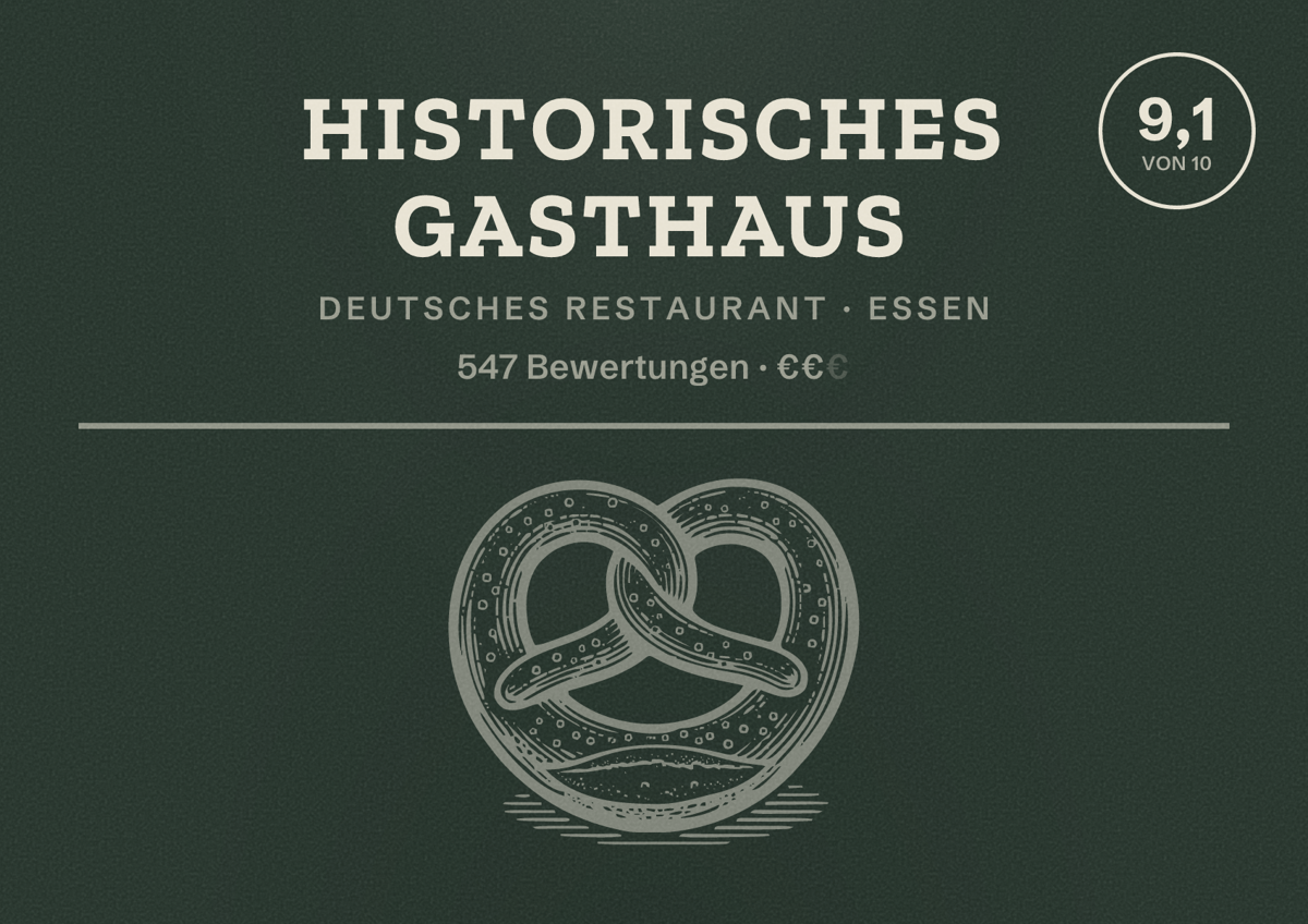 Illustriertes Poster von Historisches Gasthaus, Deutsches Restaurant in Essen: Bewertung 9,1 von 10 aus 547 Bewertungen, Preisniveau €€