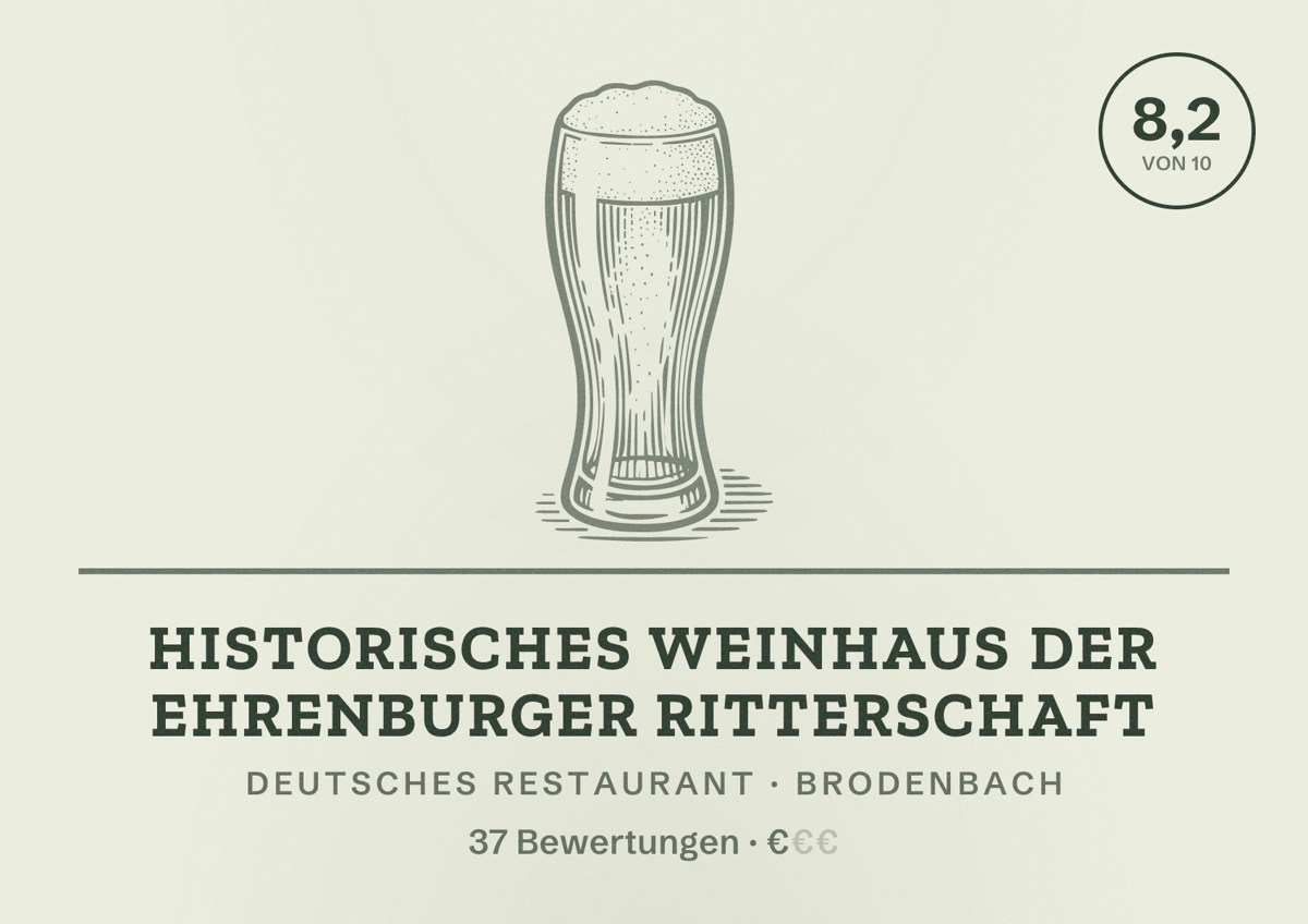Illustriertes Poster von Historisches WEINHAUS der Ehrenburger Ritterschaft, Deutsches Restaurant in Brodenbach: Bewertung 8,2 von 10 aus 37 Bewertungen, Preisniveau €