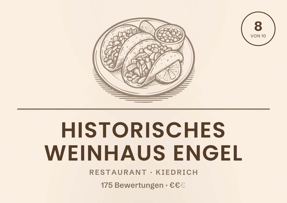 Illustriertes Poster von Historisches Weinhaus Engel, Restaurant in Kiedrich: Bewertung 8 von 10 aus 175 Bewertungen, Preisniveau €€