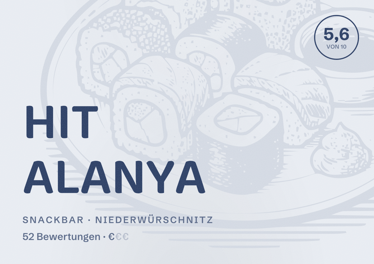 Illustriertes Poster von HIT ALANYA, Snackbar in Niederwürschnitz: Bewertung 5,6 von 10 aus 52 Bewertungen, Preisniveau €