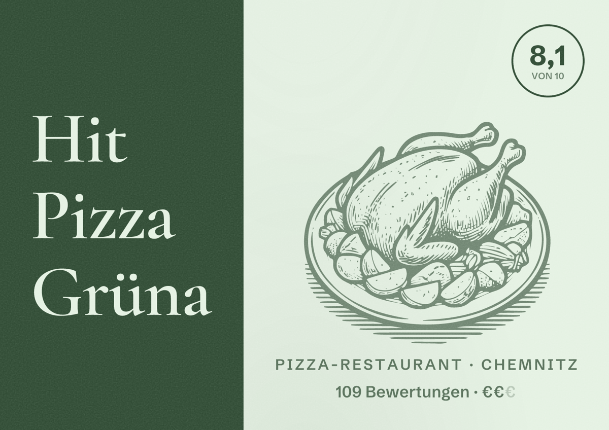 Illustriertes Poster von Hit Pizza Grüna, Pizza-Restaurant in Chemnitz: Bewertung 8,1 von 10 aus 109 Bewertungen, Preisniveau €€