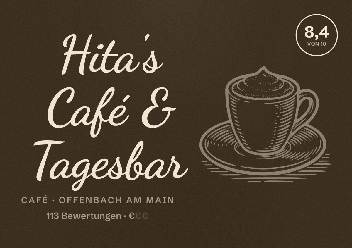 Illustriertes Poster von Hita's Café & Tagesbar, Café in Offenbach am Main: Bewertung 8,4 von 10 aus 113 Bewertungen, Preisniveau €
