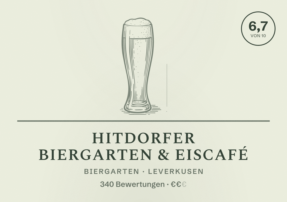 Illustriertes Poster von Hitdorfer Biergarten & Eiscafé, Biergarten in Leverkusen: Bewertung 6,7 von 10 aus 340 Bewertungen, Preisniveau €€