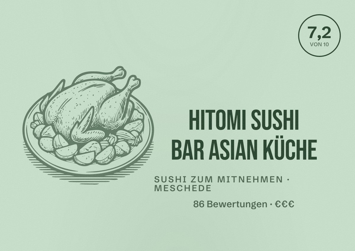 Illustriertes Poster von HITOMI Sushi Bar Asian Küche, Sushi zum Mitnehmen in Meschede: Bewertung 7,2 von 10 aus 86 Bewertungen, Preisniveau €€€