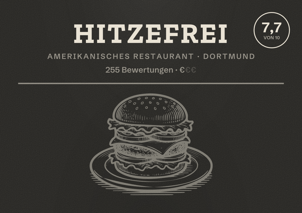 Illustriertes Poster von Hitzefrei, Amerikanisches Restaurant in Dortmund: Gästebewertung 7,7 von 10 aus 255 Bewertungen