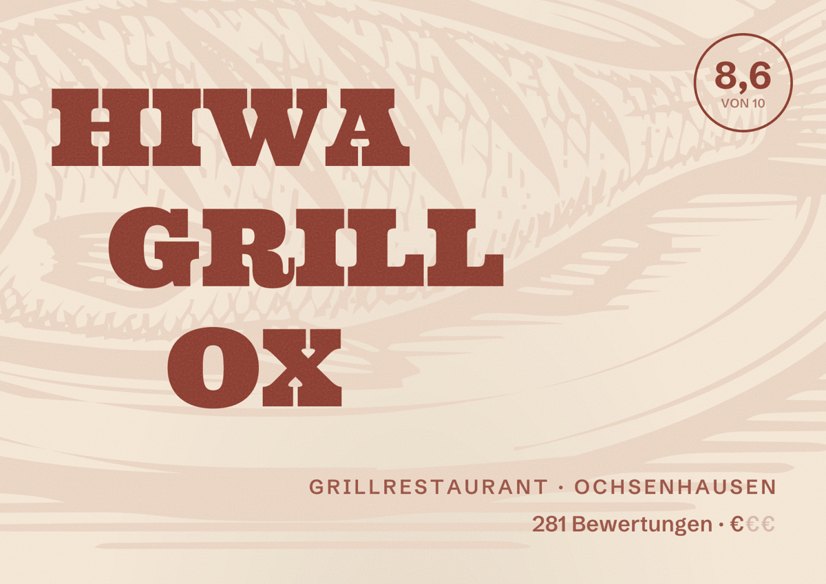 Illustriertes Poster von HIWA GRILL OX, Grillrestaurant in Ochsenhausen: Bewertung 8,6 von 10 aus 281 Bewertungen, Preisniveau €