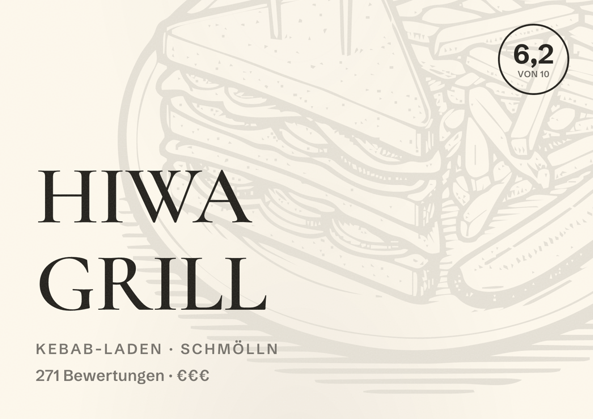 Illustriertes Poster von HIWA GRILL, Kebab-Laden in Schmölln: Bewertung 6,2 von 10 aus 271 Bewertungen, Preisniveau €€€