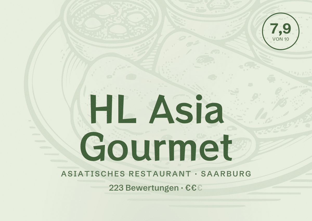 Illustriertes Poster von HL Asia Gourmet, Asiatisches Restaurant in Saarburg: Bewertung 7,9 von 10 aus 223 Bewertungen, Preisniveau €€