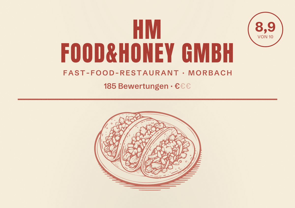 Illustriertes Poster von HM Food&Honey GmbH, Fast-Food-Restaurant in Morbach: Bewertung 8,9 von 10 aus 185 Bewertungen, Preisniveau €
