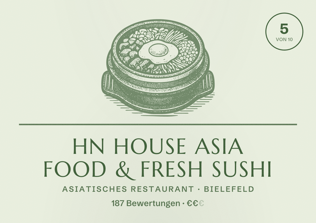 Illustriertes Poster von HN House Asia Food & Fresh Sushi, Asiatisches Restaurant in Bielefeld: Bewertung 5 von 10 aus 187 Bewertungen, Preisniveau €€