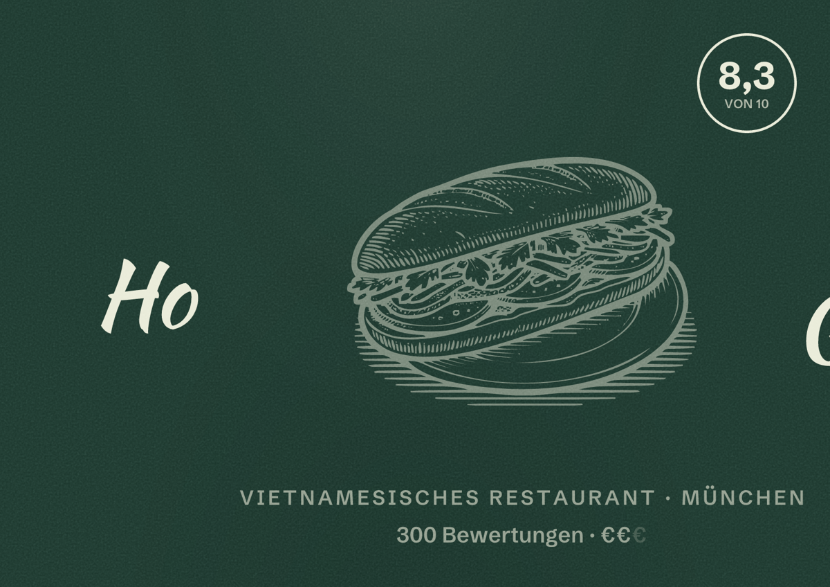 Illustriertes Poster von Ho Guom, Vietnamesisches Restaurant in München: Bewertung 8,3 von 10 aus 300 Bewertungen, Preisniveau €€