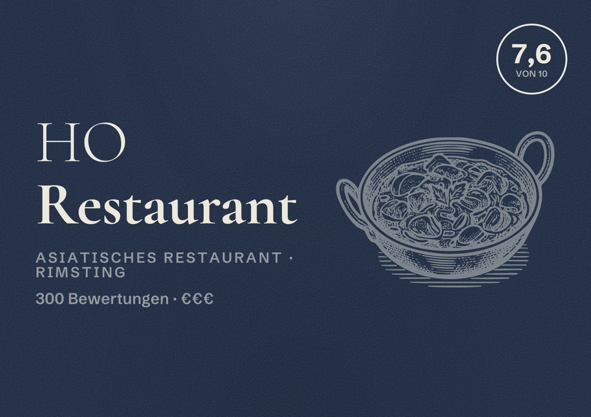 Illustriertes Poster von HO Restaurant, Asiatisches Restaurant in Rimsting: Bewertung 7,6 von 10 aus 300 Bewertungen, Preisniveau €€€
