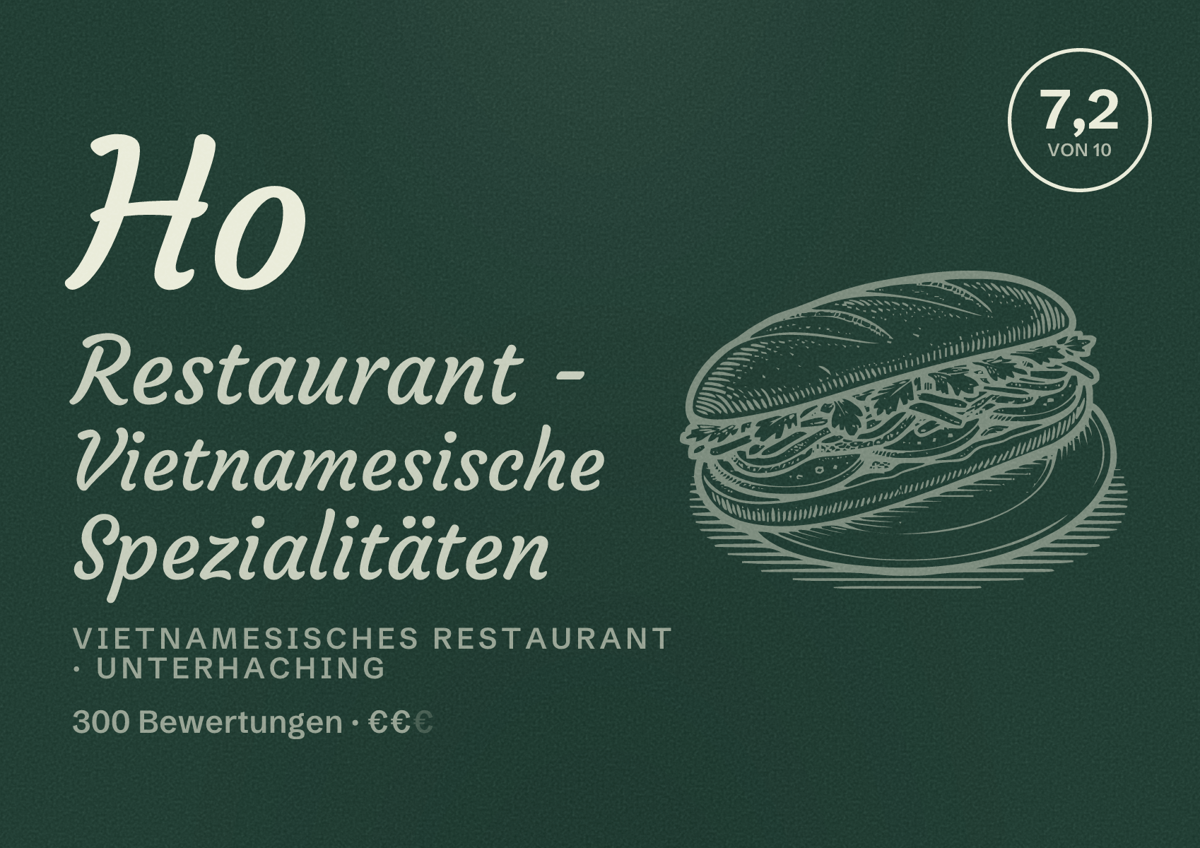 Illustriertes Poster von Ho Restaurant - Vietnamesische Spezialitäten, Vietnamesisches Restaurant in Unterhaching: Bewertung 7,2 von 10 aus 300 Bewertungen, Preisniveau €€