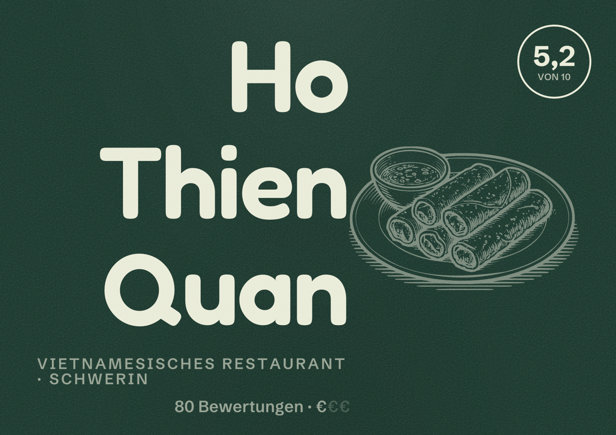 Illustriertes Poster von Ho Thien Quan, Vietnamesisches Restaurant in Schwerin: Bewertung 5,2 von 10 aus 80 Bewertungen, Preisniveau €