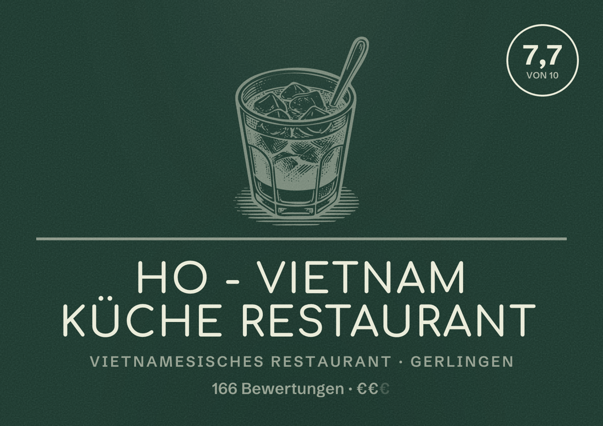 Illustriertes Poster von Ho - Vietnam Küche Restaurant, Vietnamesisches Restaurant in Gerlingen: Bewertung 7,7 von 10 aus 166 Bewertungen, Preisniveau €€