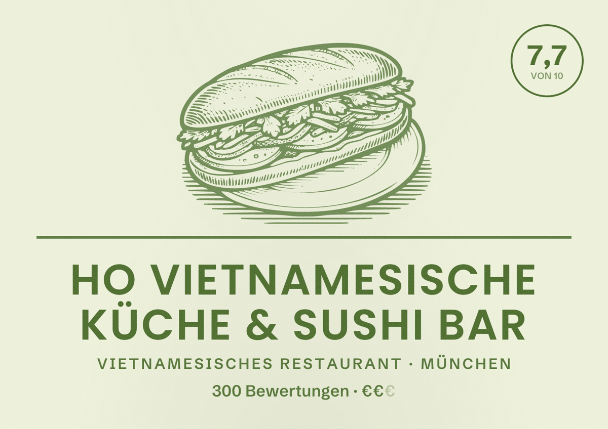 Illustriertes Poster von Ho Vietnamesische Küche & Sushi Bar, Vietnamesisches Restaurant in München: Bewertung 7,7 von 10 aus 300 Bewertungen, Preisniveau €€
