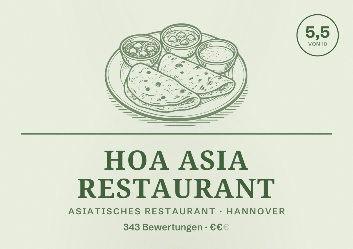 Illustriertes Poster von Hoa Asia Restaurant, Asiatisches Restaurant in Hannover: Bewertung 5,5 von 10 aus 343 Bewertungen, Preisniveau €€