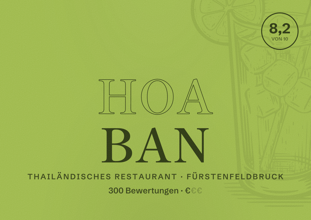 Illustriertes Poster von Hoa Ban, Thailändisches Restaurant in Fürstenfeldbruck: Bewertung 8,2 von 10 aus 300 Bewertungen, Preisniveau €