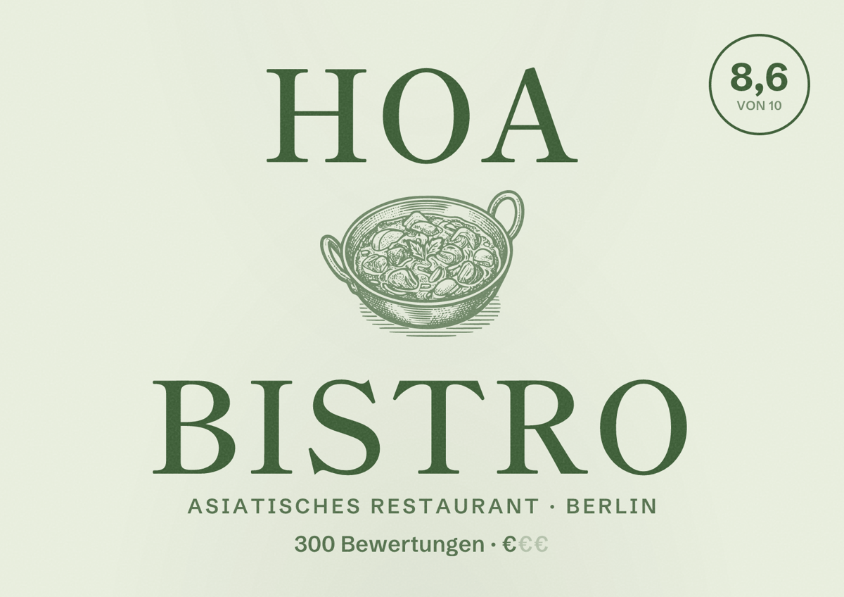 Illustriertes Poster von Hoa Bistro, Asiatisches Restaurant in Berlin: Bewertung 8,6 von 10 aus 300 Bewertungen, Preisniveau €