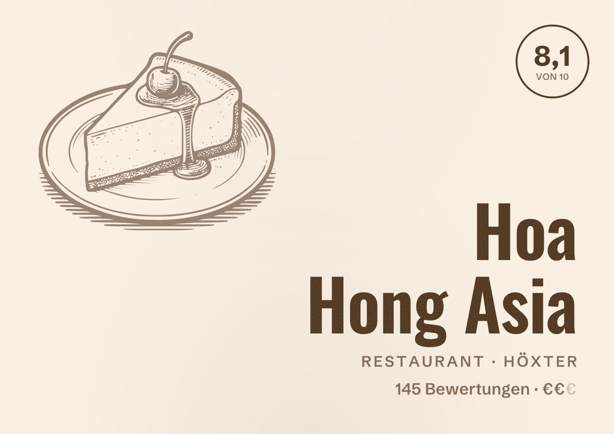 Illustriertes Poster von Hoa Hong Asia, Restaurant in Höxter: Bewertung 8,1 von 10 aus 145 Bewertungen, Preisniveau €€