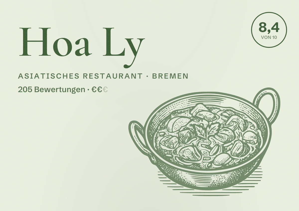Illustriertes Poster von Hoa Ly, Asiatisches Restaurant in Bremen: Bewertung 8,4 von 10 aus 205 Bewertungen, Preisniveau €€