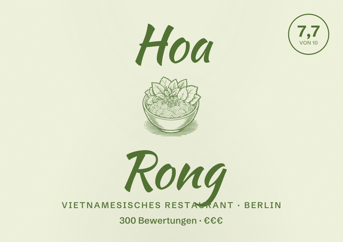 Illustriertes Poster von Hoa Rong, Vietnamesisches Restaurant in Berlin: Bewertung 7,7 von 10 aus 300 Bewertungen, Preisniveau €€€