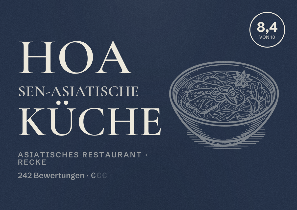 Illustriertes Poster von Hoa Sen-Asiatische Küche, Asiatisches Restaurant in Recke: Bewertung 8,4 von 10 aus 242 Bewertungen, Preisniveau €