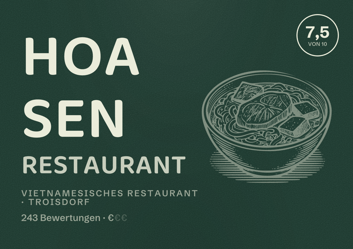 Illustriertes Poster von Hoa Sen Restaurant, Vietnamesisches Restaurant in Troisdorf: Bewertung 7,5 von 10 aus 243 Bewertungen, Preisniveau €