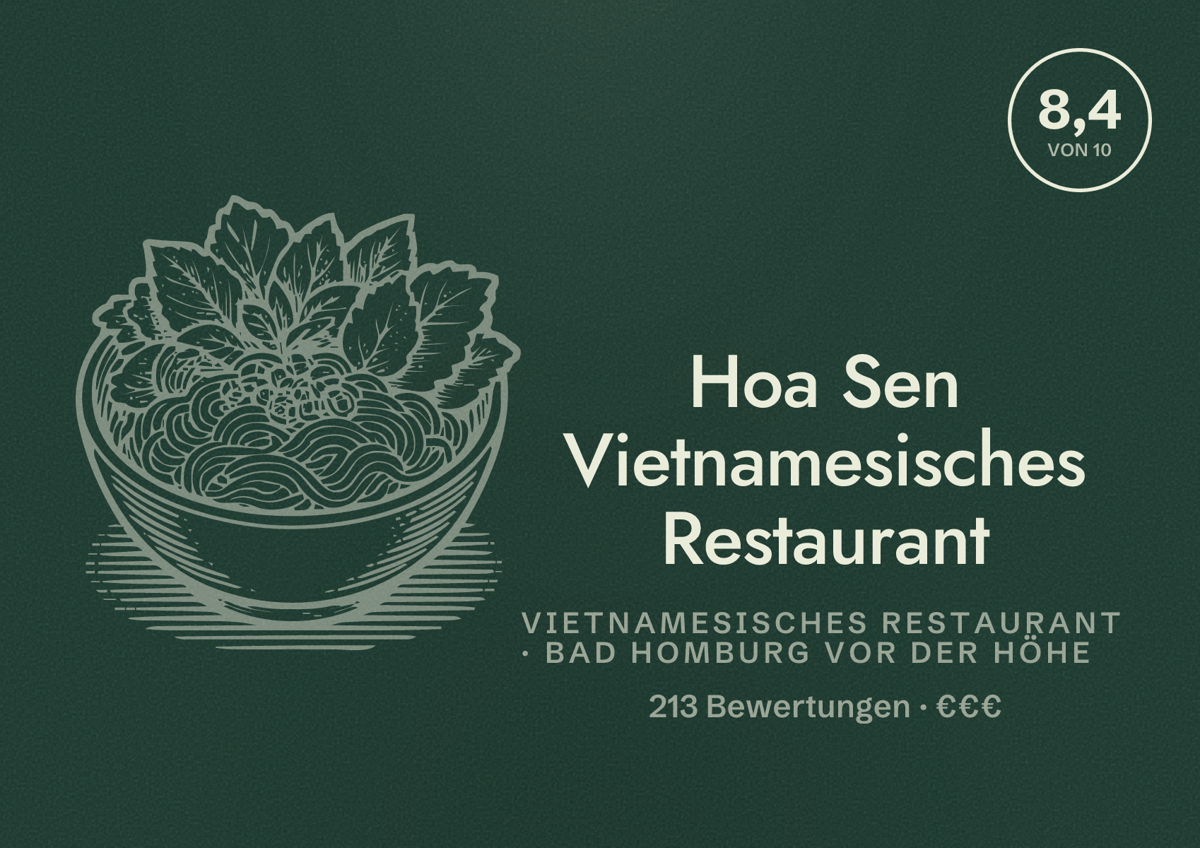 Illustriertes Poster von Hoa Sen Vietnamesisches Restaurant, Vietnamesisches Restaurant in Bad Homburg vor der Höhe: Bewertung 8,4 von 10 aus 213 Bewertungen, Preisniveau €€€