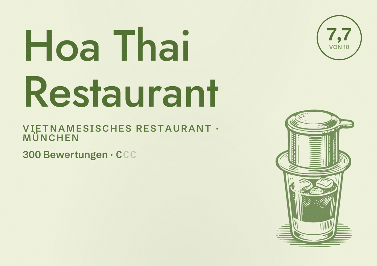 Illustriertes Poster von Hoa Thai Restaurant, Vietnamesisches Restaurant in München: Bewertung 7,7 von 10 aus 300 Bewertungen, Preisniveau €