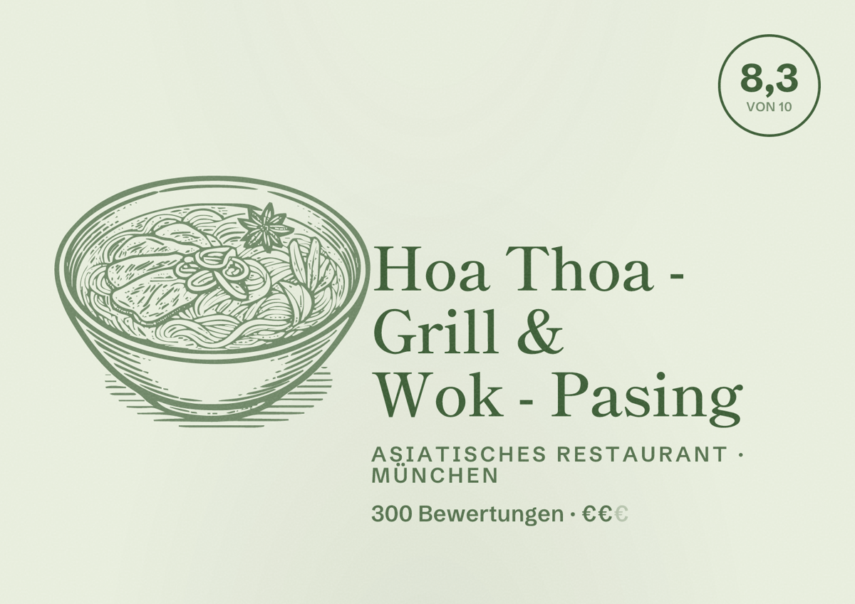 Illustriertes Poster von Hoa Thoa - Grill & Wok - Pasing, Asiatisches Restaurant in München: Bewertung 8,3 von 10 aus 300 Bewertungen, Preisniveau €€