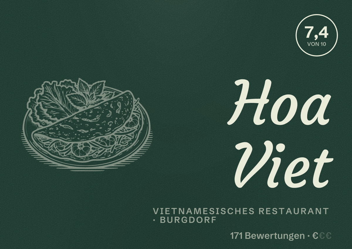 Illustriertes Poster von Hoa Viet, Vietnamesisches Restaurant in Burgdorf: Bewertung 7,4 von 10 aus 171 Bewertungen, Preisniveau €