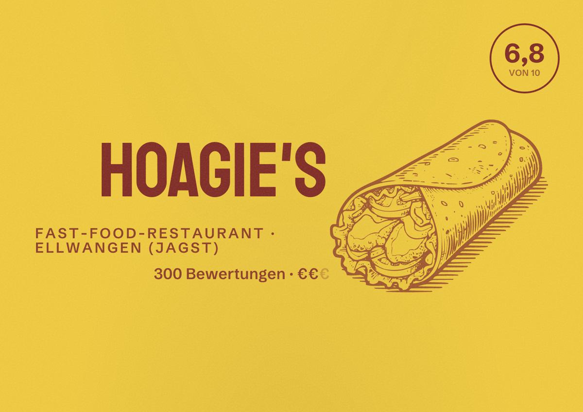 Illustriertes Poster von Hoagie's, Fast-Food-Restaurant in Ellwangen (Jagst): Bewertung 6,8 von 10 aus 300 Bewertungen, Preisniveau €€