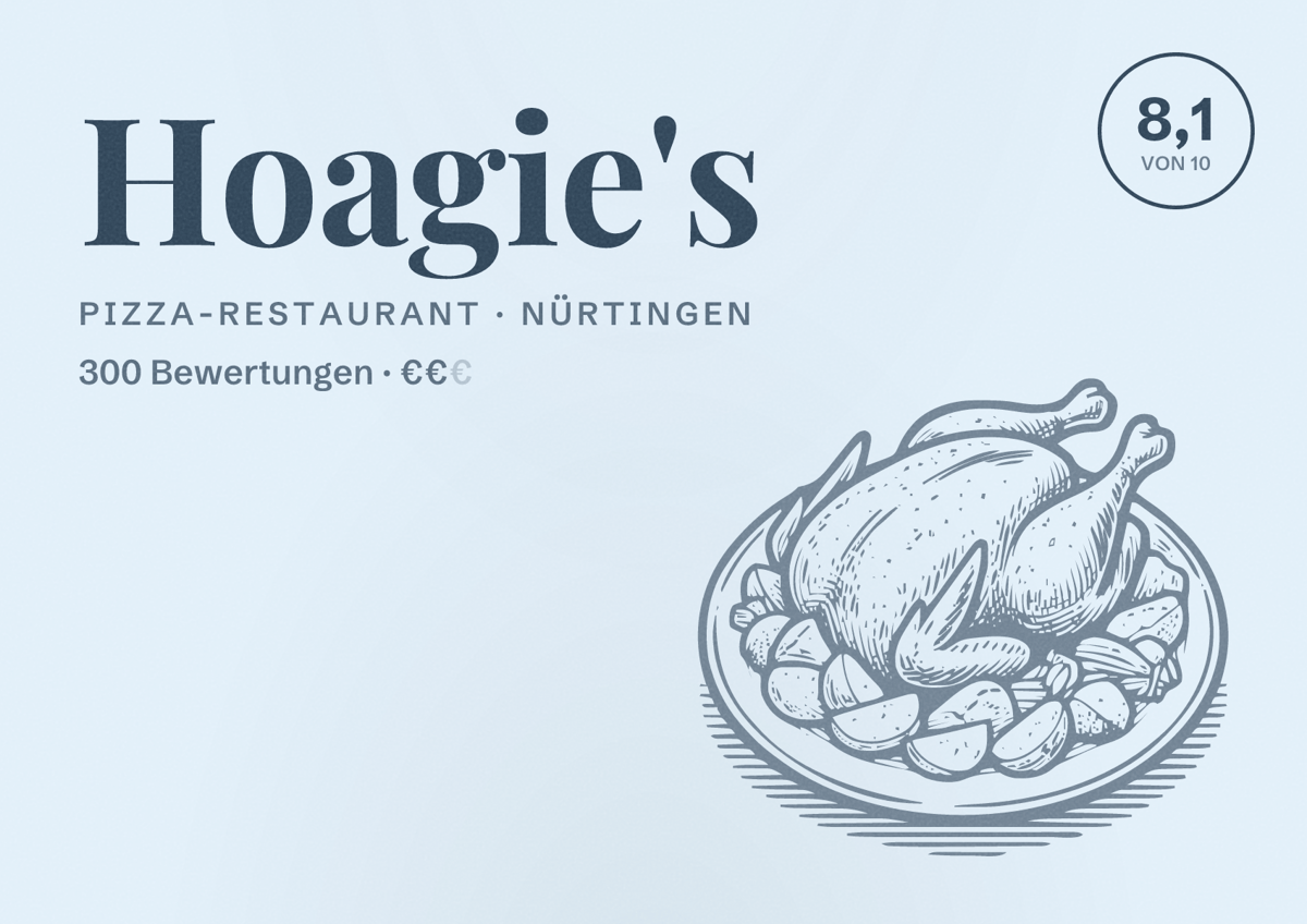 Illustriertes Poster von Hoagie's, Pizza-Restaurant in Nürtingen: Bewertung 8,1 von 10 aus 300 Bewertungen, Preisniveau €€