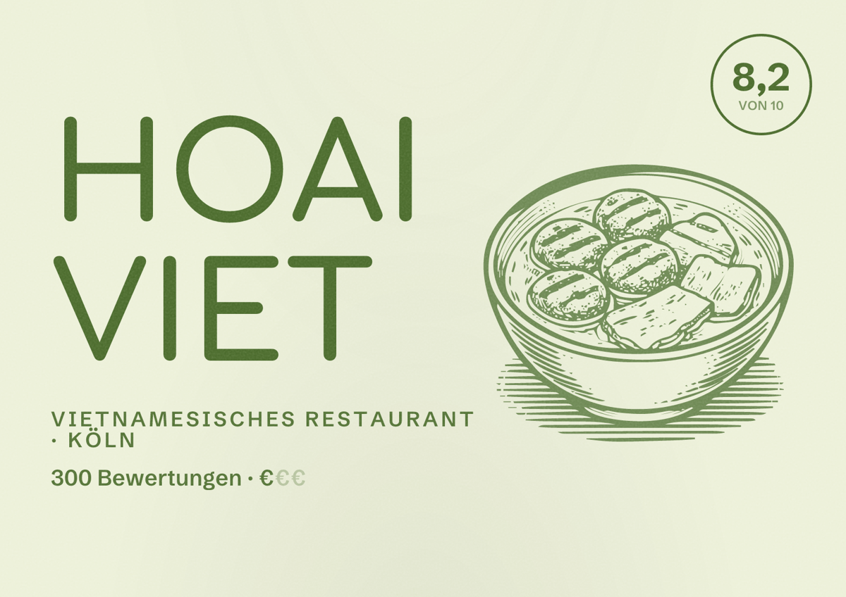 Illustriertes Poster von Hoai Viet, Vietnamesisches Restaurant in Köln: Bewertung 8,2 von 10 aus 300 Bewertungen, Preisniveau €