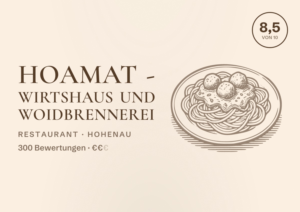 Illustriertes Poster von Hoamat - Wirtshaus und Woidbrennerei, Restaurant in Hohenau: Bewertung 8,5 von 10 aus 300 Bewertungen, Preisniveau €€