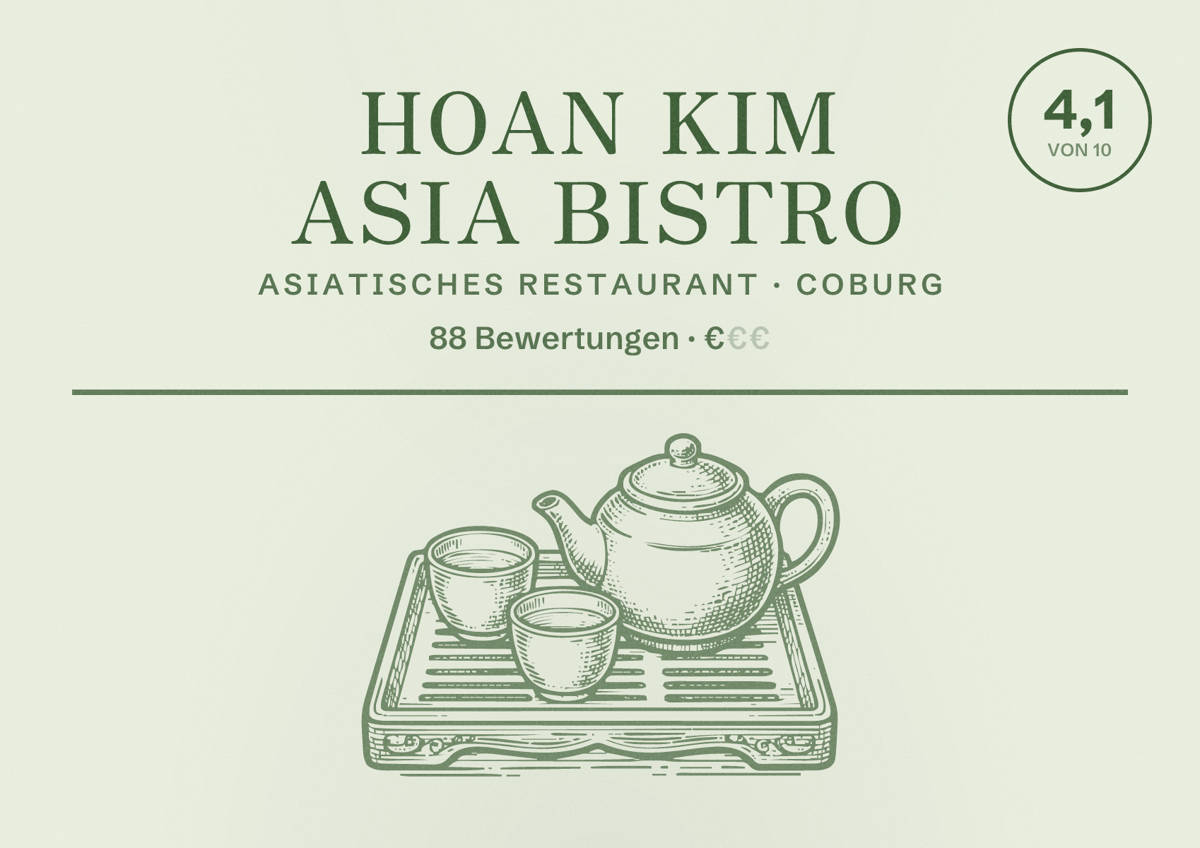 Illustriertes Poster von Hoan Kim Asia Bistro, Asiatisches Restaurant in Coburg: Bewertung 4,1 von 10 aus 88 Bewertungen, Preisniveau €