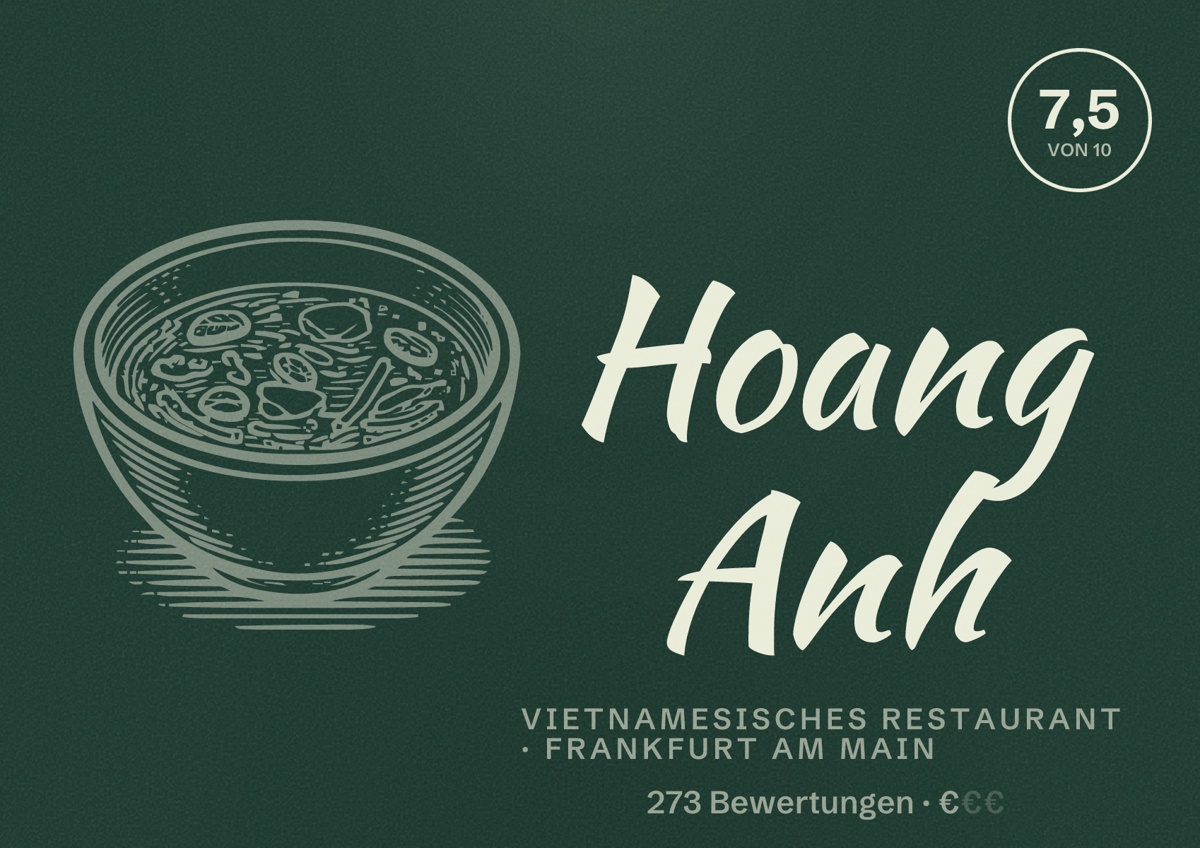 Illustriertes Poster von Hoang Anh, Vietnamesisches Restaurant in Frankfurt am Main: Bewertung 7,5 von 10 aus 273 Bewertungen, Preisniveau €