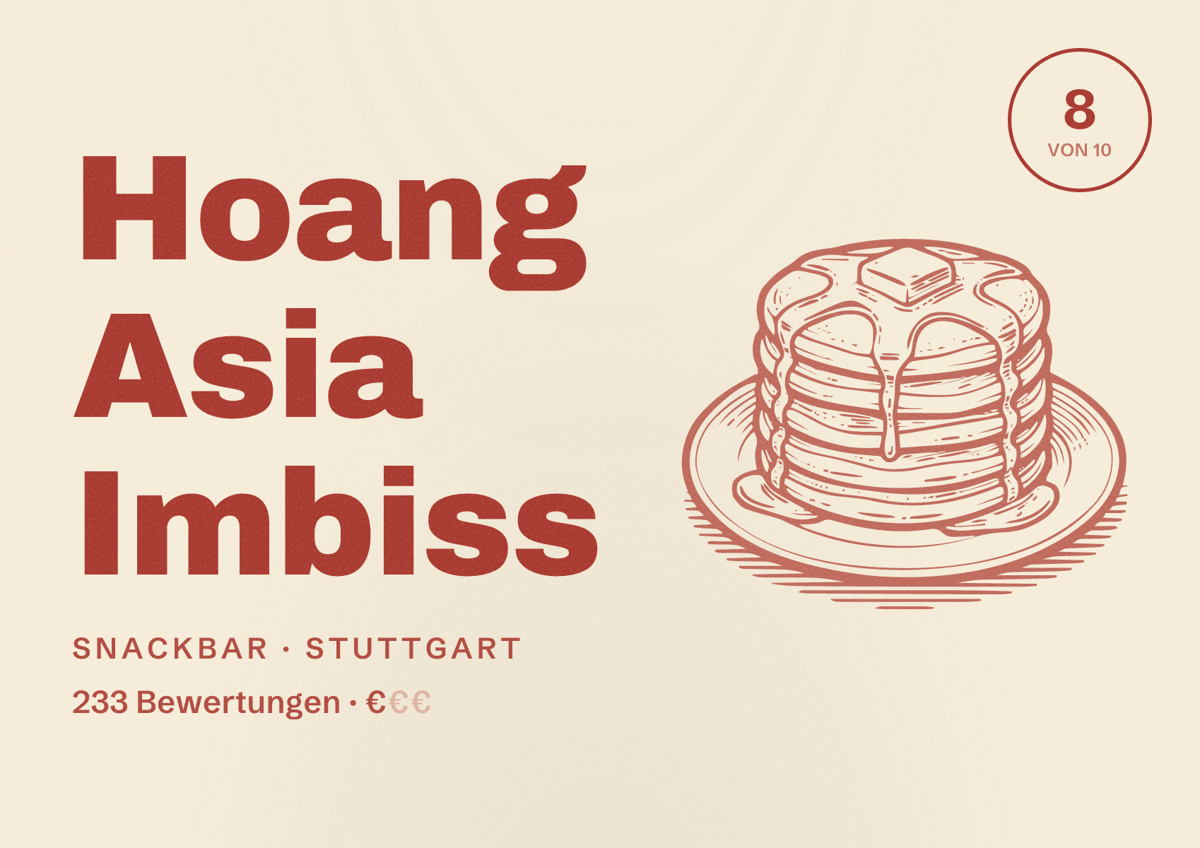Illustriertes Poster von Hoang Asia Imbiss, Snackbar in Stuttgart: Bewertung 8,0 von 10 aus 233 Bewertungen, Preisniveau €