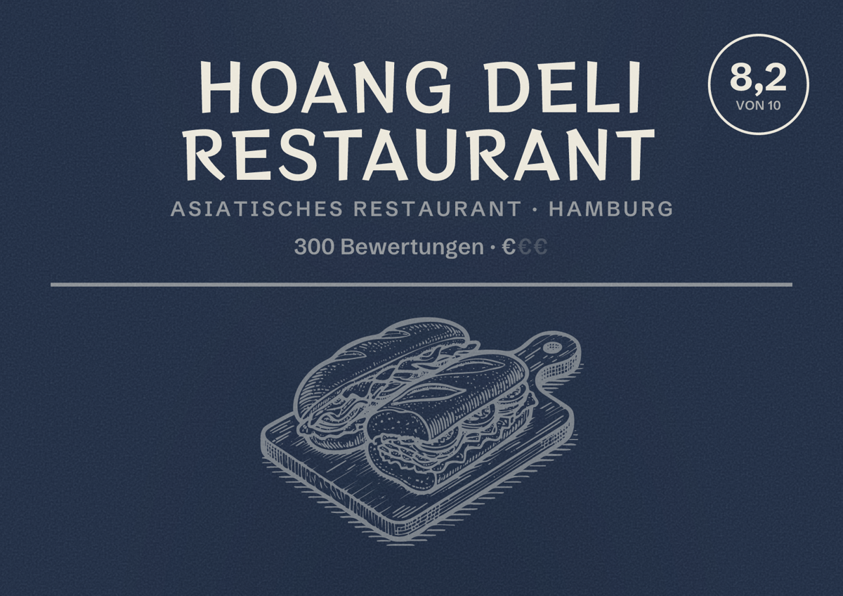 Illustriertes Poster von Hoang Deli Restaurant, Asiatisches Restaurant in Hamburg: Bewertung 8,2 von 10 aus 300 Bewertungen, Preisniveau €
