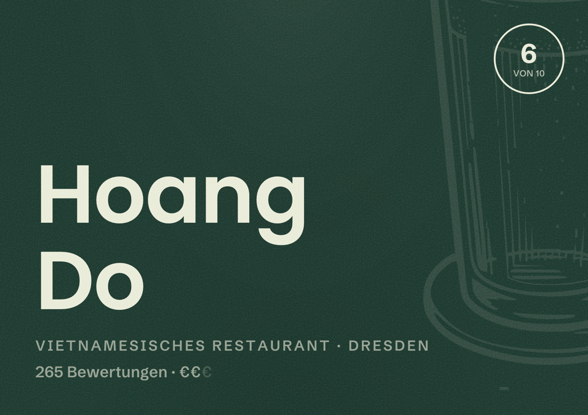Illustriertes Poster von Hoang Do, Vietnamesisches Restaurant in Dresden: Bewertung 6,0 von 10 aus 265 Bewertungen, Preisniveau €€