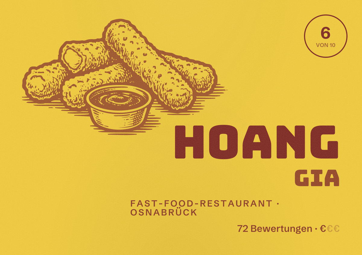 Illustriertes Poster von Hoang Gia, Fast-Food-Restaurant in Osnabrück: Bewertung 6 von 10 aus 72 Bewertungen, Preisniveau €
